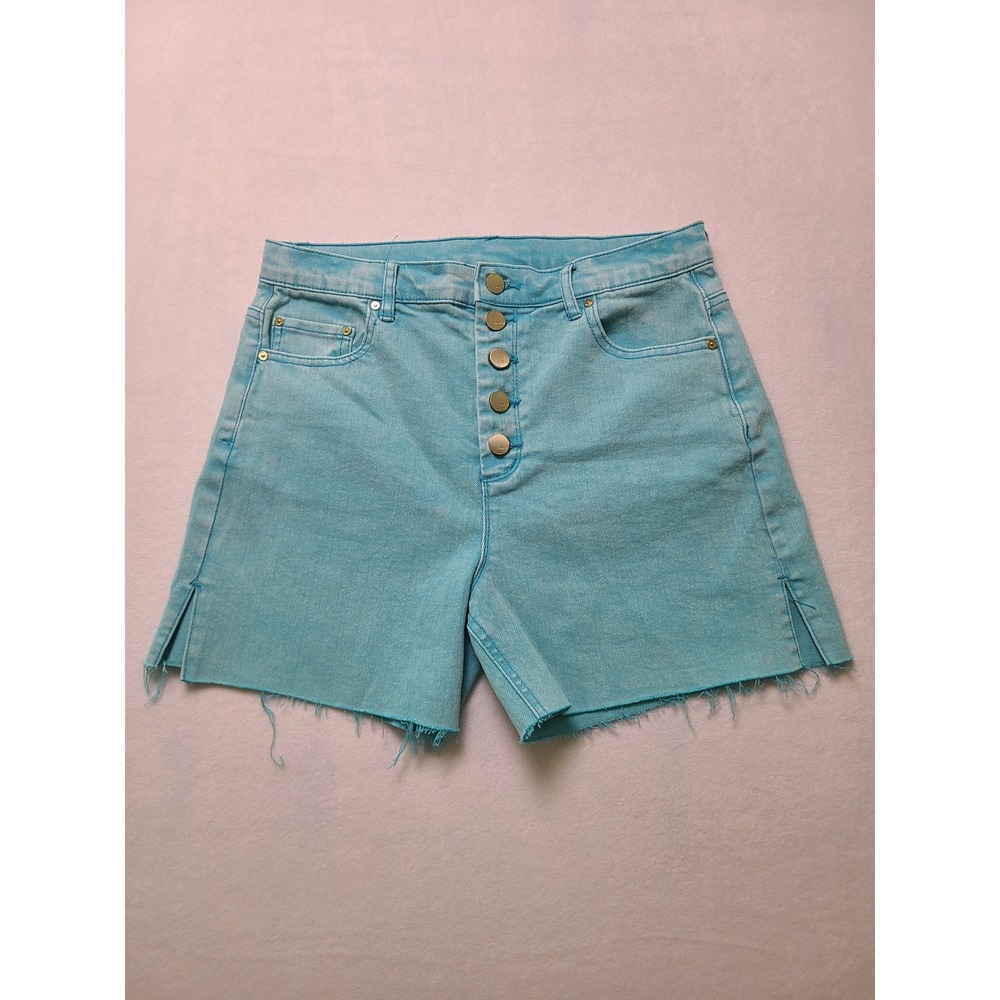 Tractr 6/28 Denim Shorts Festival Boho Light Blue Button Fly Raw Hem Slit Summer